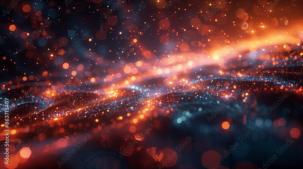 Poster a mesmerizing array of vibrant, glowing particles float and shimmer against a dark, ethereal backgro