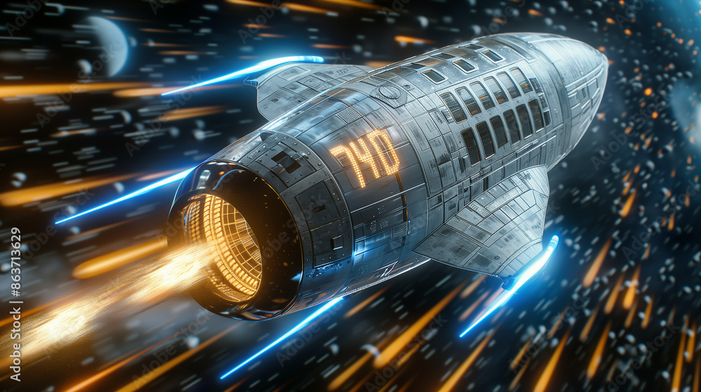 Poster a futuristic spaceship with glowing engines speeds through space, surrounded by stars and distant pl