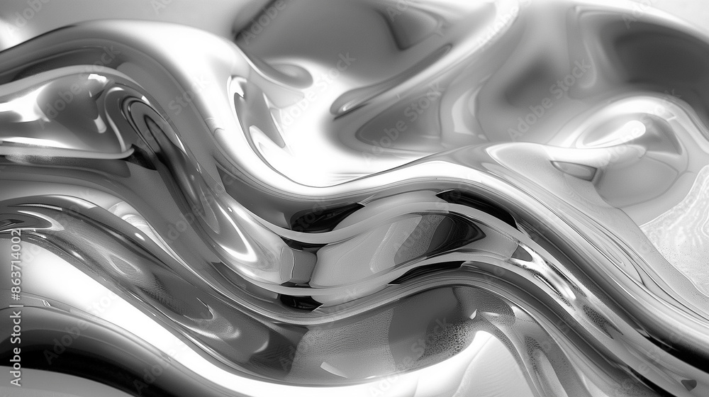 Poster abstract, fluid metallic shapes intertwine, creating a smooth, reflective surface with a futuristic 