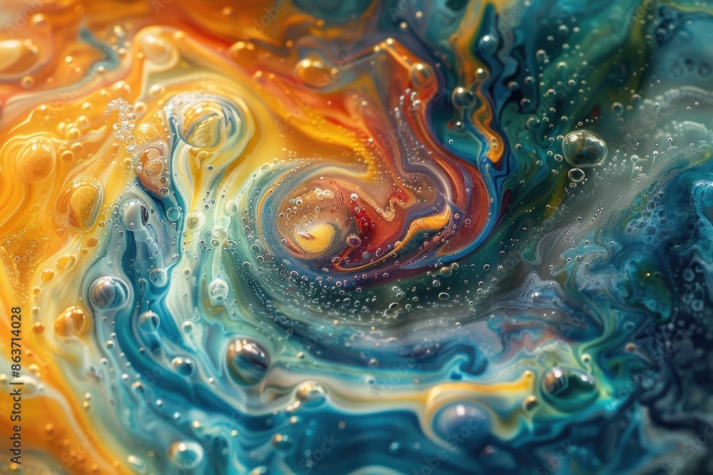 Poster captivating swirling vortex of multicolored liquid patterns evokes endless depth and motion this mes