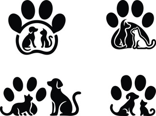 Fototapeta premium Minimalist Pet Shop Logo: Paw Print with Playful Dog and Cat Silhouette