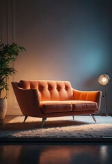 Obraz premium Modern Living Room with Orange Sofa and Floor Lamp.