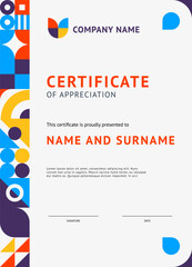 Certificate template with memphis geometric background. Vector stylish vertical diploma with vibrant shapes and colors. Award, recognition frame or official document with spaces for name and signature