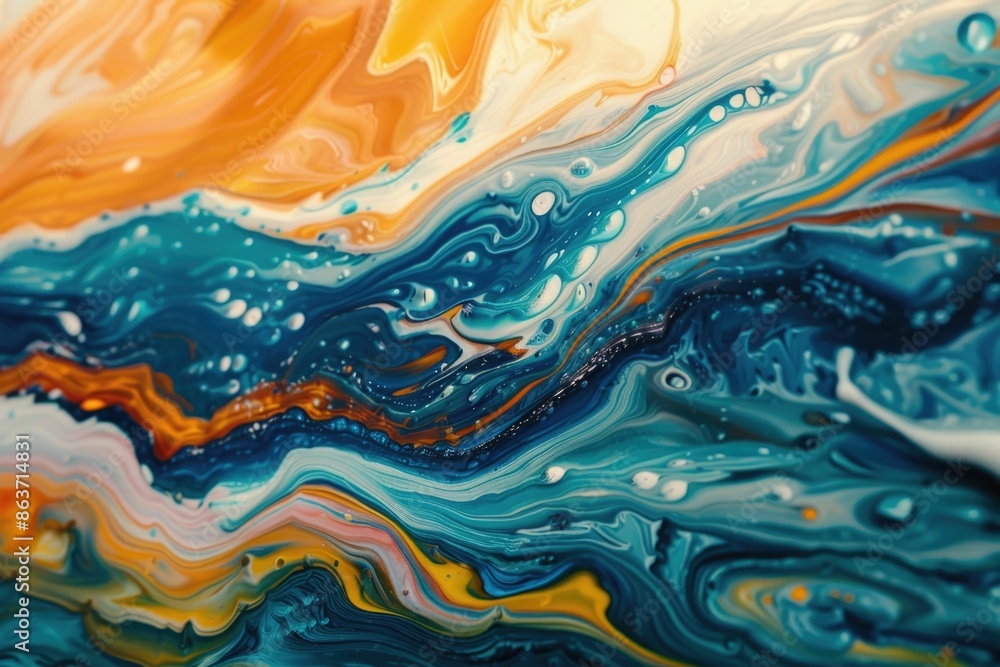 Poster captivating abstract artwork depicting vibrant surreal ocean waves with fluid dynamic motion and a m
