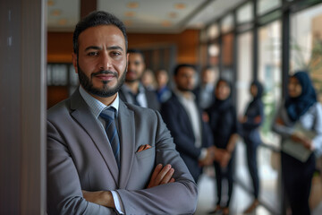 Fototapeta premium Corporate Arab and diverse Group of businessmen meeting in the office, boss looking at camera