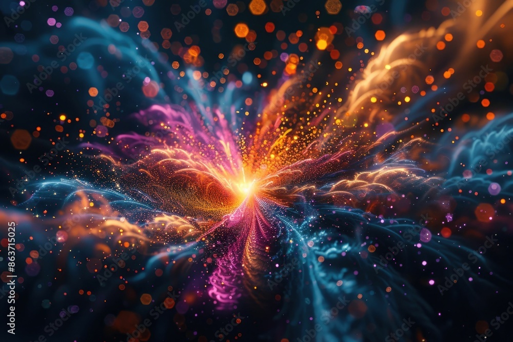 Poster vibrant burst of colorful fireworks exploding and transforming into intricate abstract shapes agains