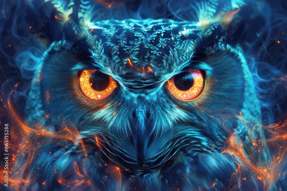Poster mesmerizing of a mystical owl with captivating glowing eyes surrounded by a swirling vortex of abstr