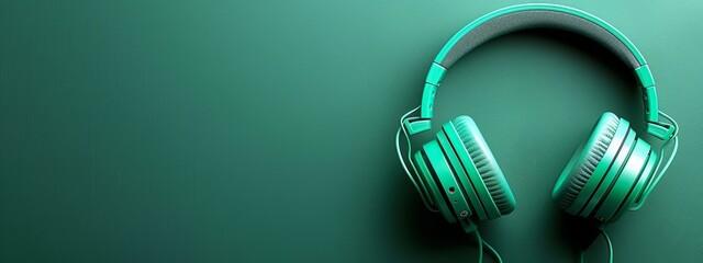  A pair of headphones rests on a green surface, its black cord stretching out on top