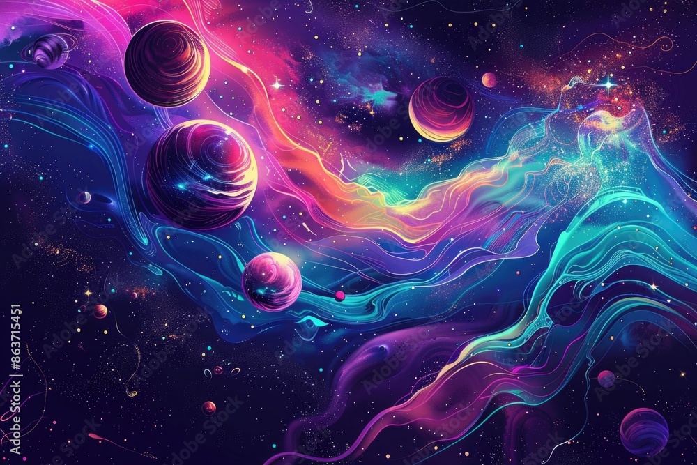 Poster captivating abstract landscape featuring a mesmerizing array of neon colored planets swirling galaxi