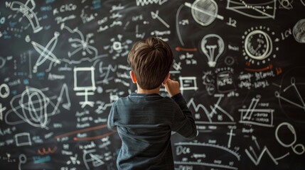Young student solving math problem on a chalkboard