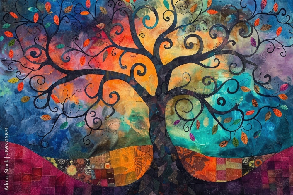 Poster vibrant abstract tree of life with swirling branches and intricate leaf patterns a digital painting 
