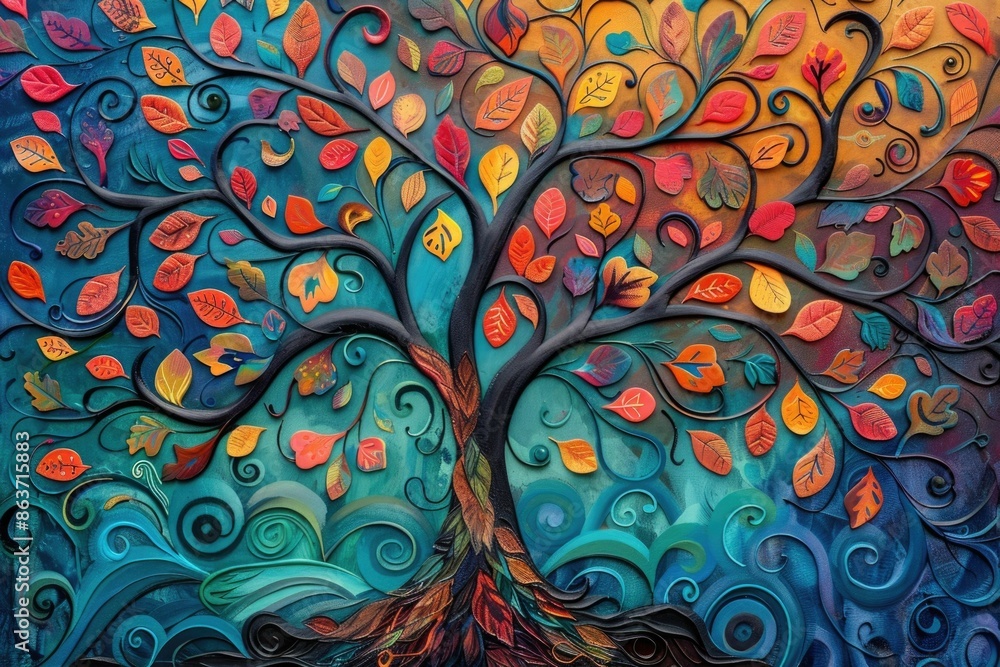 Poster Vibrant Abstract Tree of Life with Swirling Branches and Intricate Leaf Patterns  Colorful digital of a lush organic tree with flowing ornate branches and intricate patterned foliage in a visionary