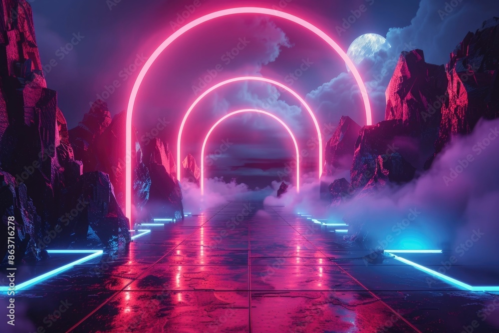 Poster a captivating and visionary neon infused synthwave landscape with geometric patterns a retro futuris