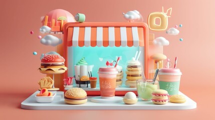 Sleek 3D visualization showcasing a user friendly and intuitive digital interface for meal ordering and online food delivery services  The design features a modern