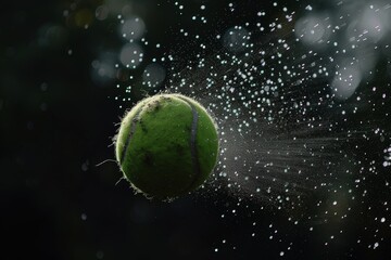 High-speed tennis ball in motion with water droplets