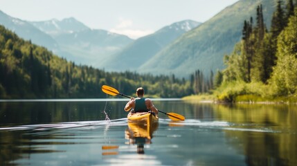 A solo adventurer kayaking in a serene lake, with reflections and natural lighting