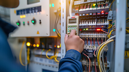 Electricity and electrical maintenance service, Engineer hand holding AC voltmeter checking electric current voltage at circuit breaker terminal and cable wiring main power distribution board