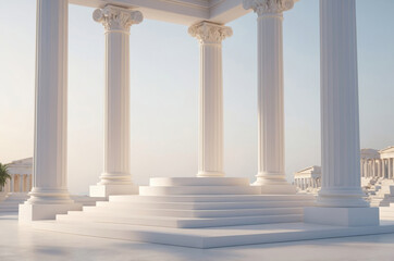 Fototapeta premium 3D podium white marble ancient greek temple with three pillars and platform with steps sky is soft blue