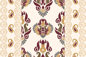 Ikat floral paisley embroidery on white background.Ikat ethnic oriental seamless pattern traditional.Aztec style abstract vector illustration.design for texture,fabric,clothing,wrapping,decoration.