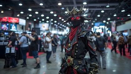 A person dressed in a elaborate costume with a large crown and red eyes stands amongst a crowd of people at a convention