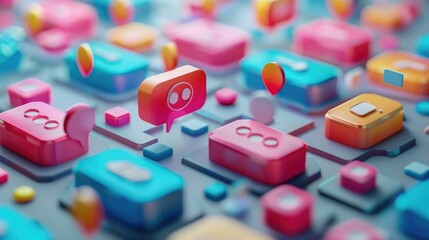 Vibrant 3D push notification alerts with colorful geometric shapes and icons providing timely app updates reminders and digital communication for modern users on mobile devices and software platforms