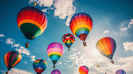 Fototapeta premium The LGBTQ+ flag looks like a colorful hot air balloon, seen from a low angle.