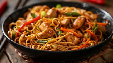 Chicken lo mein, stir fried noodles vith vegetables