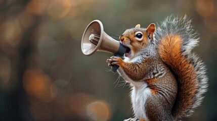 A whimsical portrait of a squirrel chattering into a megaphone against a solid brown background. The squirrel's bushy tail and curious expression add charm to the image, making it suitable for themes