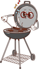 Retro groovy barbeque grill character. Isolated cartoon vector whimsical vintage barbecue machine personage with funny face and glasses singing while flipping burgers during cookout picnic party event © Buch&Bee