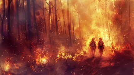 Fototapeta premium Enigmatic firefighters battling intense forest fire at dusk