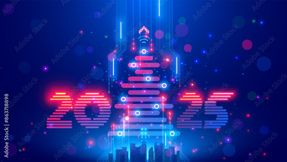 Poster christmas poster with christmas tree, digits 2025 in electronic technology style. new year, merry ch
