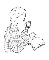 A man looking at mobile phone while reading book in ADHD adults concept.
