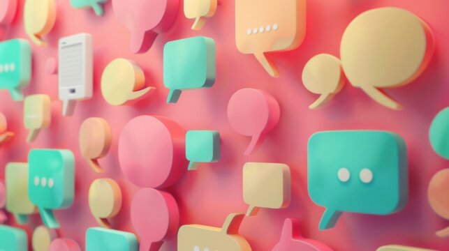 A pink wall background with various colorful speech bubbles and phone icons representing social media ads and announcements. Perfect for marketing and advertising agencies. Generative AI - Powered by Adobe