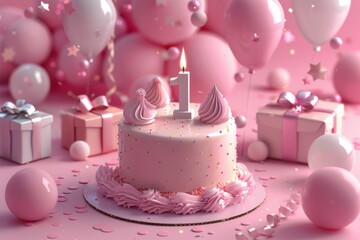 Pink First Birthday Cake With Balloons and Gifts