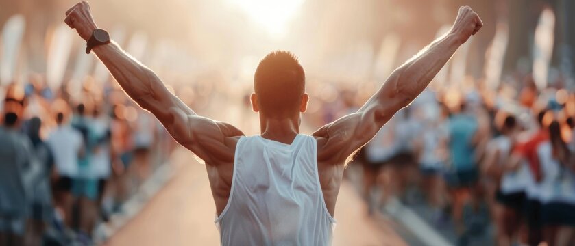 Runner crossing the finish line in a marathon, triumphant and exhausted, major sports event, supportive crowd