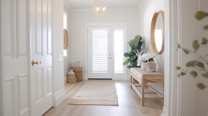Fototapeta premium Entryway remodel with new flooring, a statement light fixture, and organized storage, welcoming home improvement, stylish inspiration