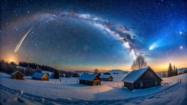 VR360 Countryside Night Sky with Comet. Perfect for: virtual reality, astronomy event, winter festival, stargazing party