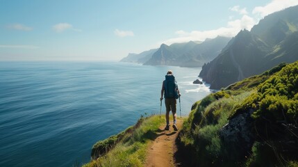 Fototapeta premium Backpacker trekking through a picturesque coastal path, capturing dramatic ocean views, scenic travel adventure