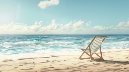 Beach chair against the backdrop of a beautiful beach with sand and sea. Lounger on the shore, creating a summer atmosphere
