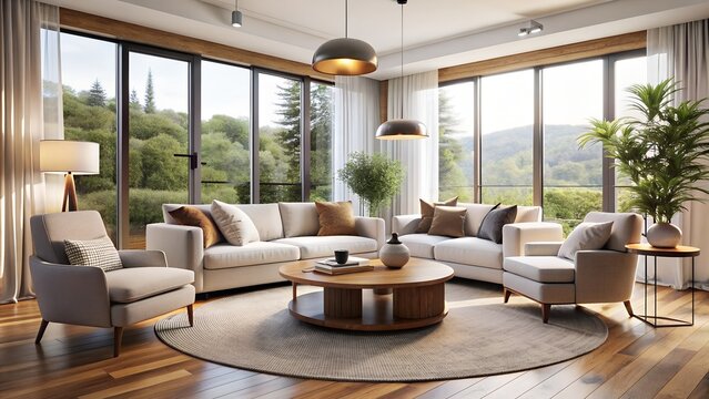 Cozy Modern Living Room with Chairs and Coffee Table. Perfect for: interior design, modern living room