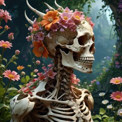 Skeleton Adorned with Flowers in a Garden.
