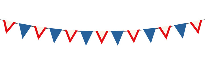 Bunting garland, party flags in red, blue and white colors. Patriotic pennant decoration. Vector illustration.