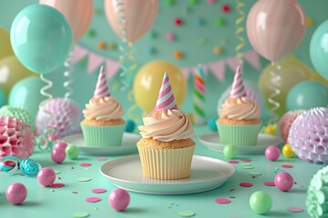 Festive Birthday Cupcakes With Balloons and Confetti