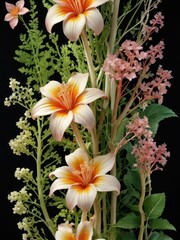 Fototapeta premium Orange and White Lilies with Pink Flowers and Green Leaves.