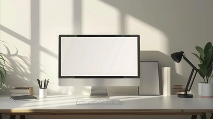Desktop computer in the background of a minimalist room. White background