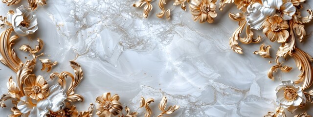  A tight shot of a marbled surface Gold and white blooms populate the left side One gold and white flower graces the right side