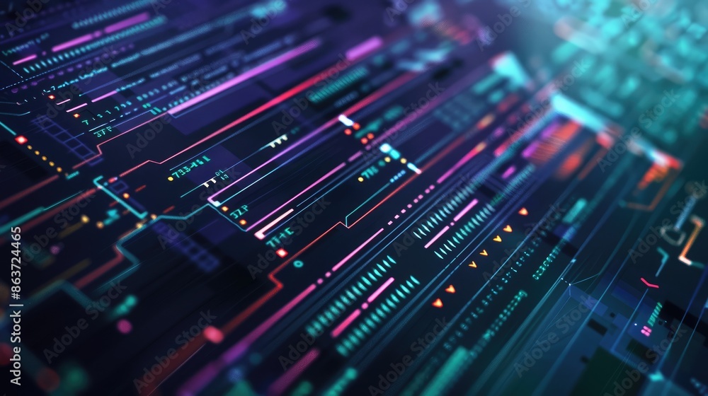 Poster the image is a close-up of an electronic circuit board. the board is made of a dark green material a