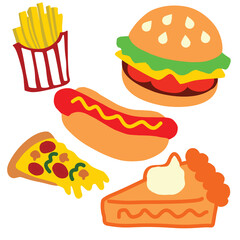 set of fast food, hotdog, Hamberger, cake, pizza, French fries