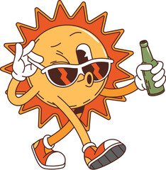 Retro groovy sun character with juice drink bottle and stylish sunglasses. Isolated vector summer solar personage with lively, carefree expression and rays, enhancing cheerful holidays vacation vibes