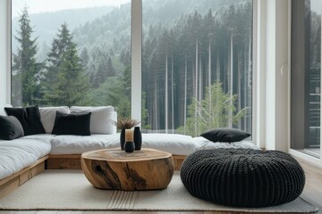 Knitted Pouf and Live Edge Coffee Table by White Sofa with Black Pillows in Minimalist Living Room with Forest View